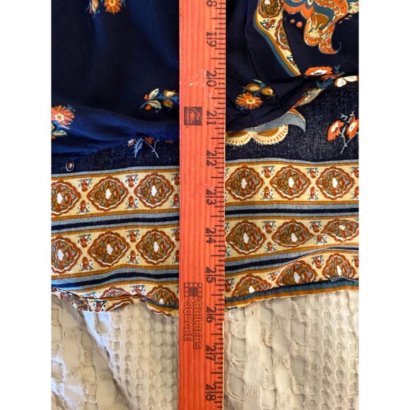 Gigio Faux Wrap Blouse Size Small Navy w/ Flowers longer Back Boho Peasant Look - Picture 11 of 11